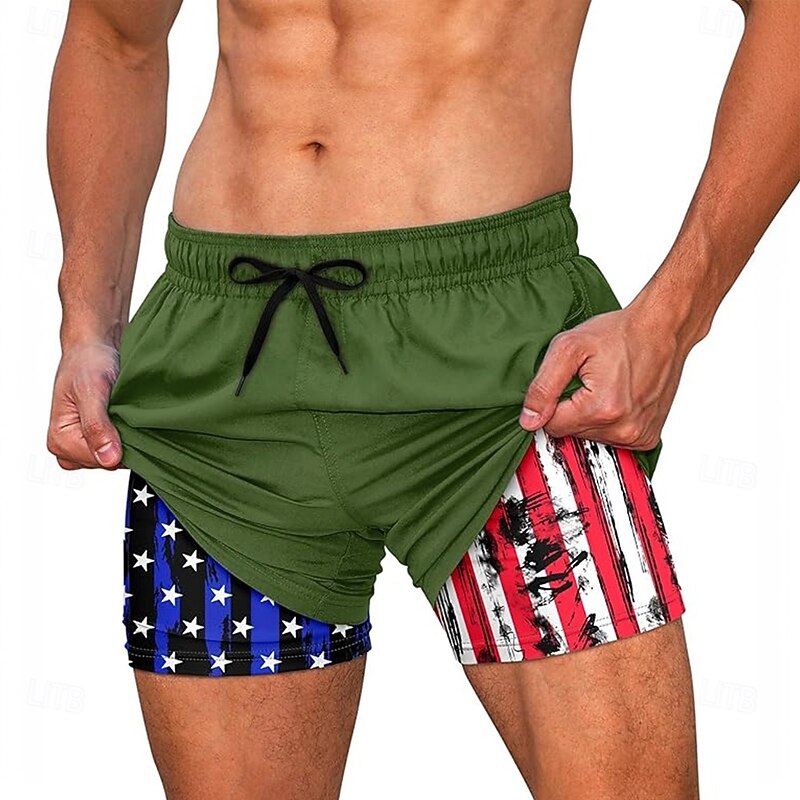 Men's American US Flag Patriotic Lined Shorts 2 in 1 Board Shorts Swim Shorts Mid Waist Hawaiian Vacation Beach Wear Side Pockets With Compression Liner Elastic Drawstring Waist Designer Clothing2