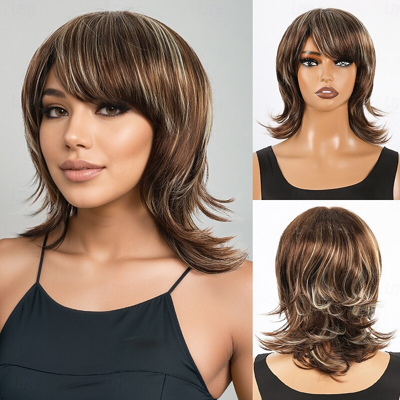 Synthetic Wig Wavy Bouncy Curl Asymmetrical Neat Bang Machine Made Wig 16 inch A1 Synthetic Hair Women's Classic Color Gradient Highlighted / Balayage Hair Blonde