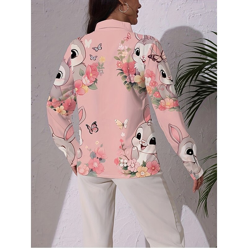 Easter Women's Shirt Button Down Tunic Shirt Collar Long Sleeve Floral Graphic Paisley Cute Casual Regular Tops Work Daily s Print Pink Spring Fall2