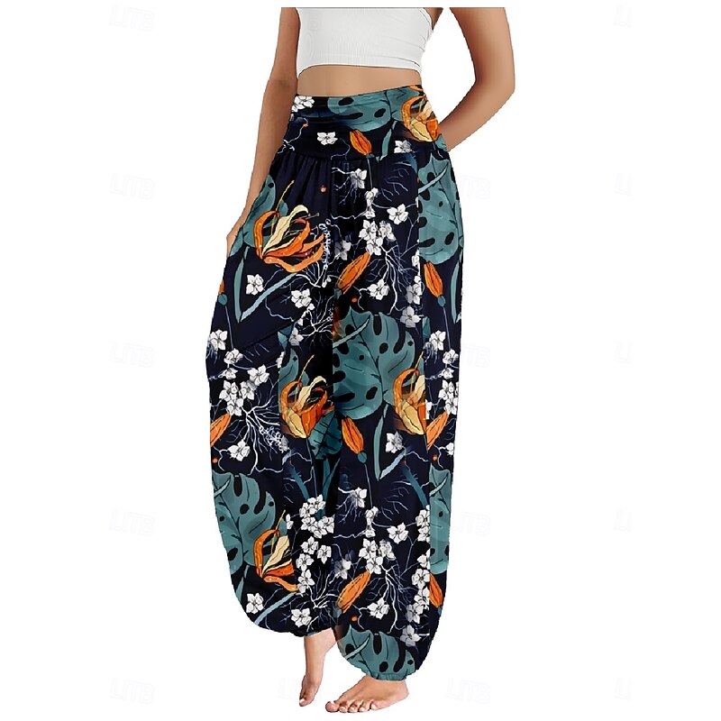 Women's Linen-Inspired Pants Wide Leg Pants Trousers Ethnic Style Casual Boho Full Length High Waist Floral Leaf Tropical Pocket Elastic Waist Printing Breathability Soft Micro-elastic Outdoor Yoga