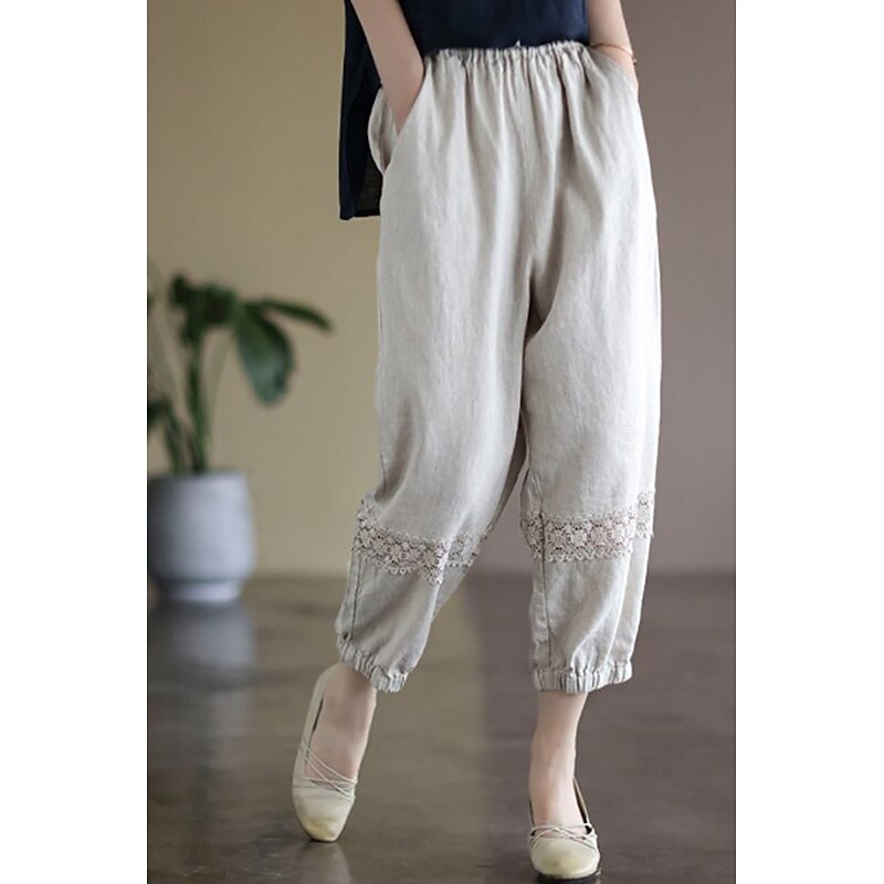 Women's Cotton Linen Shorts Linen-Inspired Pants Cotton Linen Pants Streetwear Ankle-Length Natural Plain Lace Patchwork Pocket Comfy Outdoor Comfortable Outdoor Street Holiday Apricot Green Dark