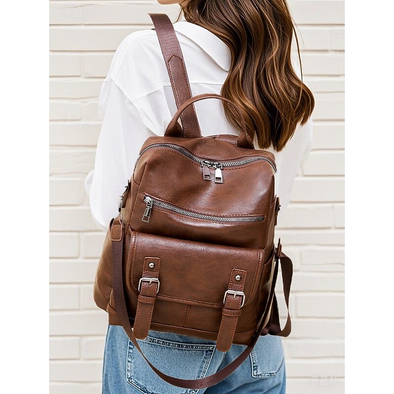 Women's Brown Faux Leather Backpack, Stylish Travel and Everyday Backpack with Adjustable Straps, Zipper Closure and Multiple Pockets - Perfect for Work, School or Casual Outings