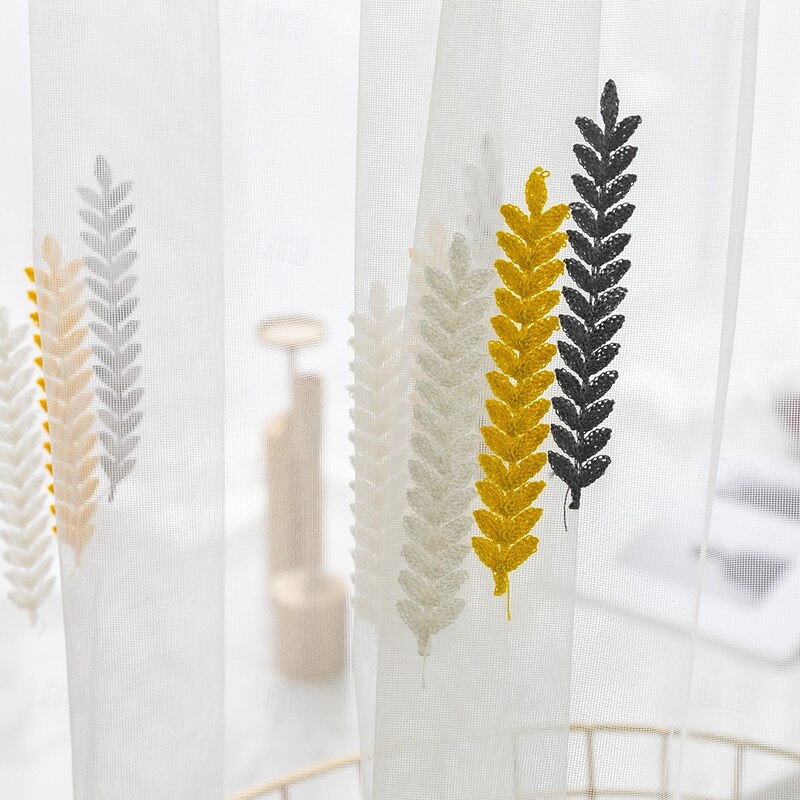 2Pcs American Country Style Wheat Ear Embroidery Window Screen Living Room Bedroom Dining Room Study Semi Transparent Curtains4