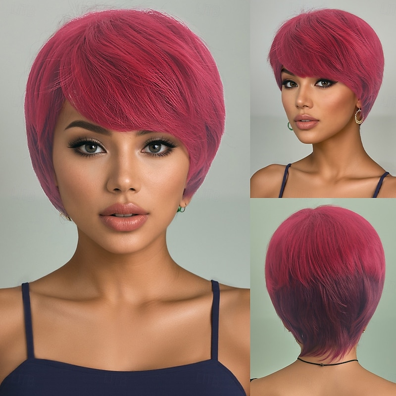 Synthetic Wig Straight Natural Straight Asymmetrical Deep Parting Machine Made Wig 10 inch A1 Synthetic Hair Women's Classic Color Gradient Highlighted / Balayage Hair Burgundy