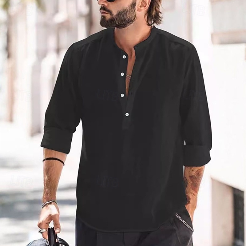Men's Shirt Linen Shirt Band Collar Shirt Popover Shirt Summer Shirt Beach Wear Plain Vacation Street Black White Light Green Light Blue Long Sleeve Stand Collar Summer Spring Clothing Apparel4