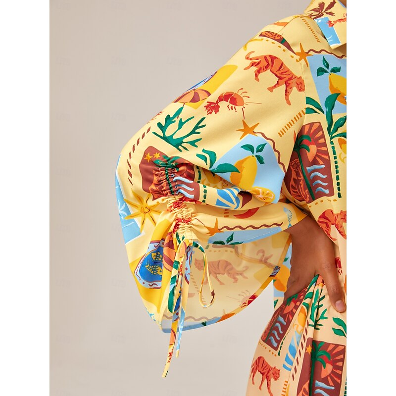 Tropical Collage Button-Down Shirt Dress3