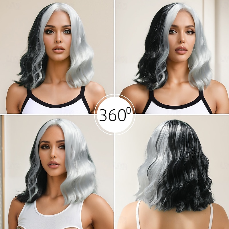 Synthetic Wig Wavy Curly Weave Asymmetrical Neat Bang Machine Made Wig 14 inch A1 Synthetic Hair Women's Middle Part Classic Comfortable Black White3
