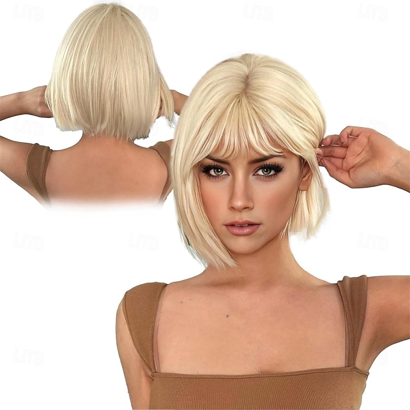 Short Blonde Bob Wigs for Women Blonde Wig with Bangs for Party
