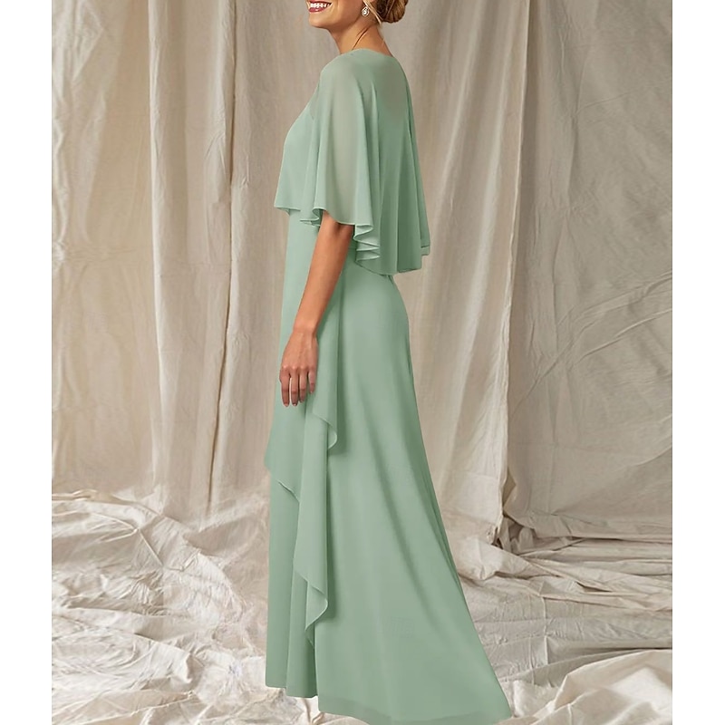 A-Line Mother of the Bride Dress Wedding Guest Elegant Crew Neck Floor Length Chiffon Half Sleeve with Cascading Ruffles4