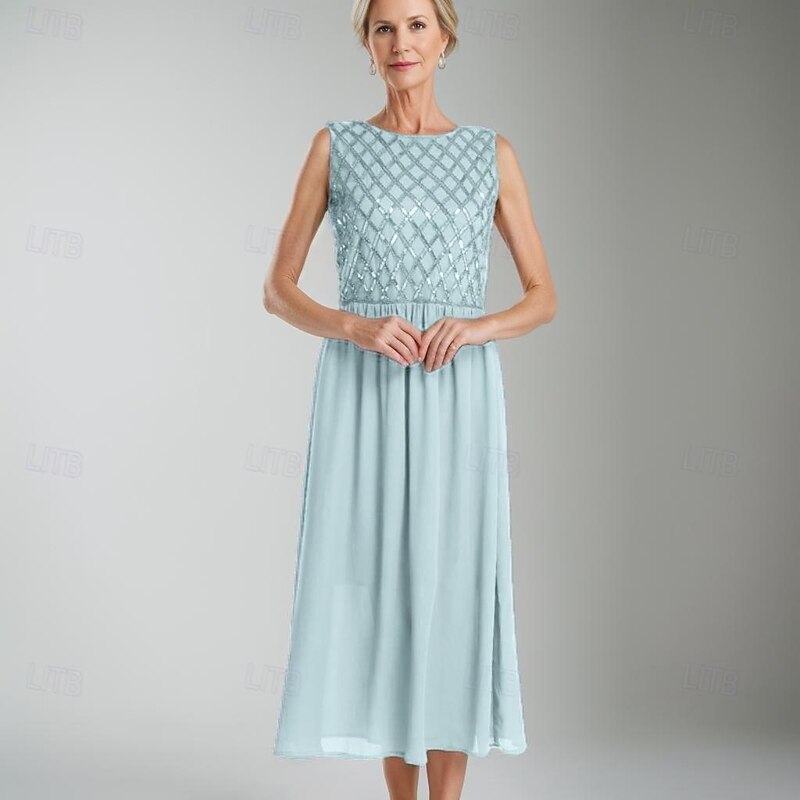 A-Line Mother of the Bride Dress Wedding Guest Dress Simple Minimalist Crew Neck Tea Length Chiffon Sleeveless with Sequin Lace4