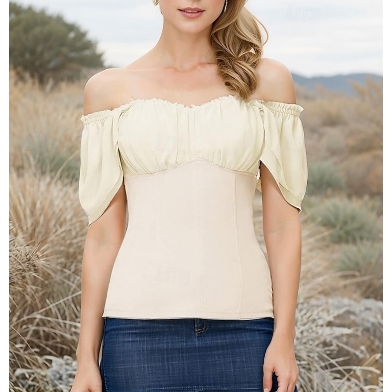 Retro Vintage Medieval Renaissance Blouse / Shirt Puff Balloon Sleeve Off Shoulder Cottagecore Fancy Dress Women's Celtic Fantasy Halloween Carnival Vacation Ren Faire Adults' Top Spring & Summer