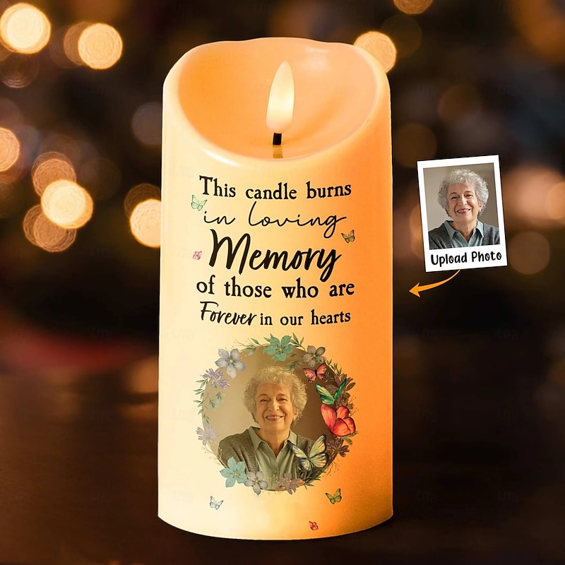 Personalized Memorial LED Candle Custom Photo Sympathy Gifts For Loss Of Loved Ones, This Candle Burns In Loving Memory Elegant Keepsake Light for Bedroom Home Decor Tribute Display2