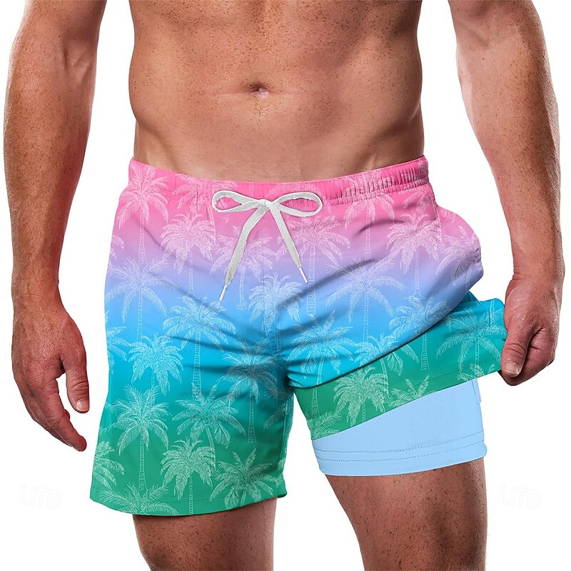 Men's Coconut Tree Tropical Gradient Color Lined Shorts 2 in 1 Board Shorts Swim Shorts Mid Waist Hawaiian Vacation Side Pockets With Compression Liner Elastic Drawstring Waist Designer Clothing2