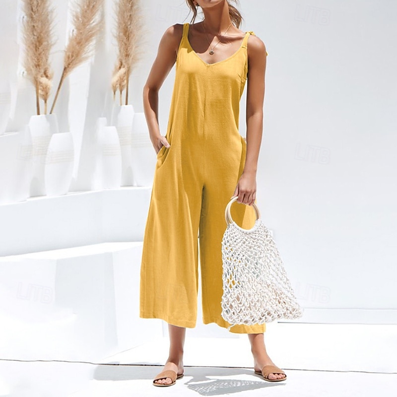 Women's Normal Jumpsuit Streetwear Solid Color Sleeveless V Neck Pocket Work Going out Regular Fit Black Yellow Army Green Summer2