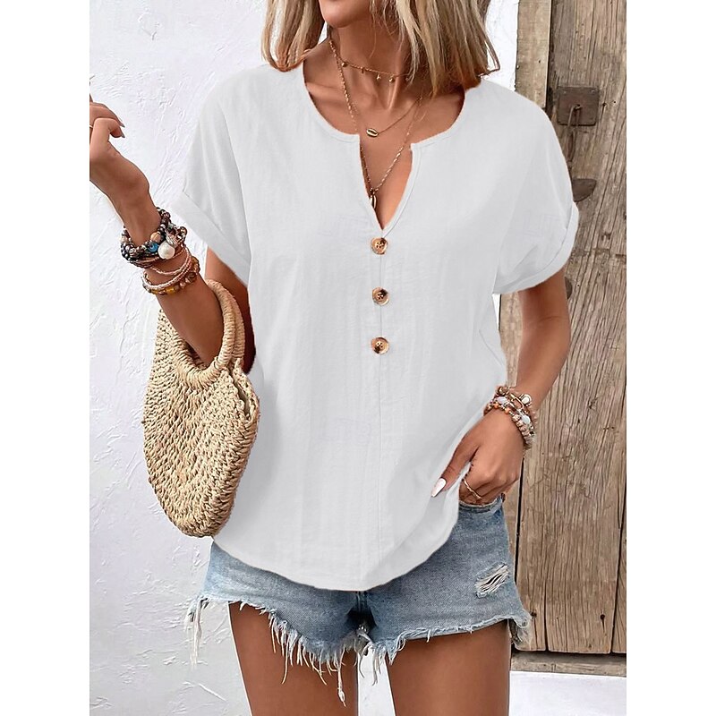 Women's Plus Size Summer Tops Solid Color Casual Short Sleeve V Neck Regular Tops Going out Weekend Buttons Black White Royal Blue Orange off-white Summer2