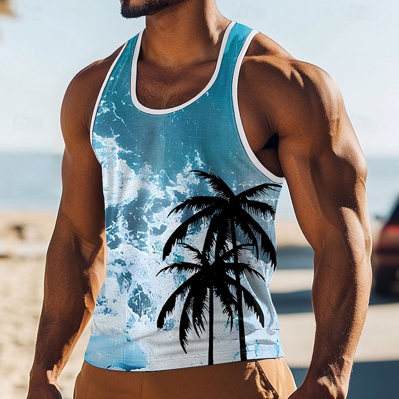Men's Coconut Palm T Shirt Vest Top Sleeveless T shirt 3D Print Crew Neck Round Neck Shirt Vacation Casual Hawaiian Holiday Blue Red Green Summer Spring Clothing Apparel S M L XL XXL XXXL