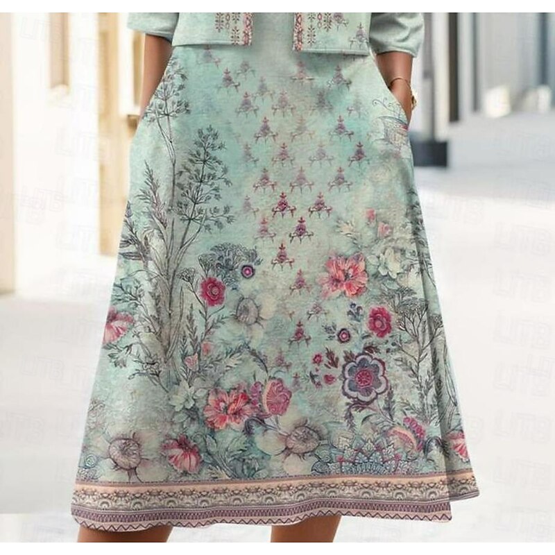 Women's Two Piece Dress Sets Midi Dress with Jacket Elegant A Line Dress Half Sleeve Party Cocktail Floral Print V Neck Wedding Guest Daily Green Regular Fit3