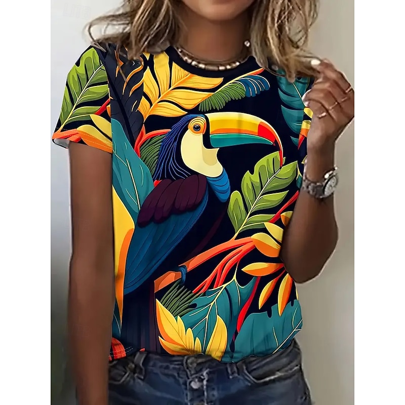 Women's T Shirt Summer Tops Color Block Bird Classic Casual Short Sleeve Crew Neck Crop Tops Daily Weekend Print Rainbow Summer Spring Fall