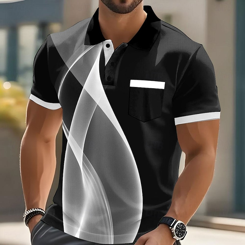Men's Geometric Line Polo Short Sleeve Polo Shirts Collared Shirts Business Casual Outdoor Athleisure Daily Wear Pocket 3D Print Summer White Red Blue