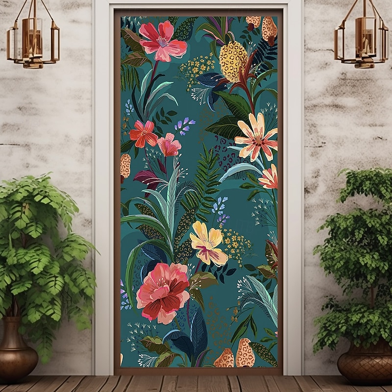 Tropical Flowers Door Decorations Door Covers Door Tapestry Door Curtain Decoration Backdrop Indoor/Outdoor Door Banner for Front Door Farmhouse