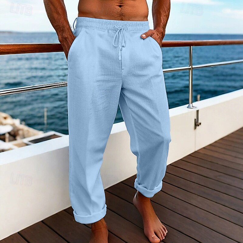 Men's Linen Pants Trousers Summer Pants Baggy Pants Beach Pants Drawstring Elastic Waist Straight Leg Plain Comfort Breathable Full Length Casual Daily Holiday Vacation Fashion White Navy Blue