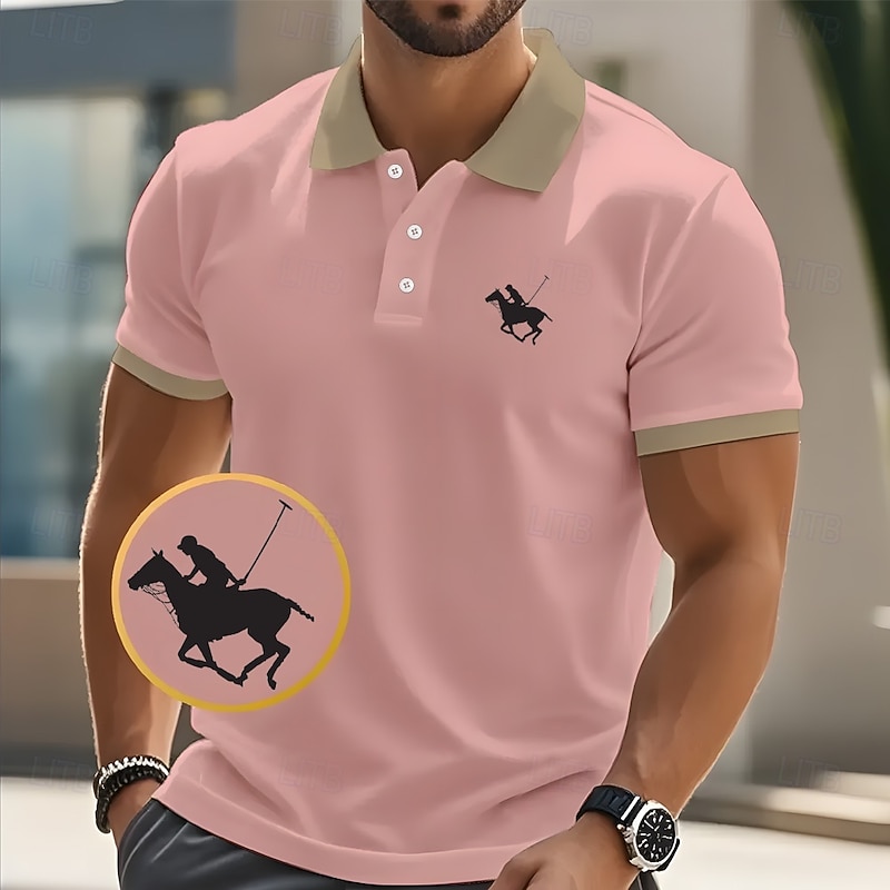 Men's Horse Racing Polo Short Sleeve Polo Shirts Collared Shirts Casual School Outdoor Daily Wear 3D Print Summer Spring Fall Pink Navy Blue Brown3