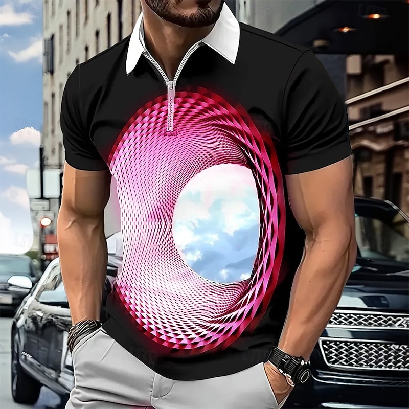 Men's Geometic Visual deception Zip Polo Short Sleeve Turndown Modern Casual / Sporty Sports & Outdoor Athleisure Daily 3D Print Summer Pink Purple Green2
