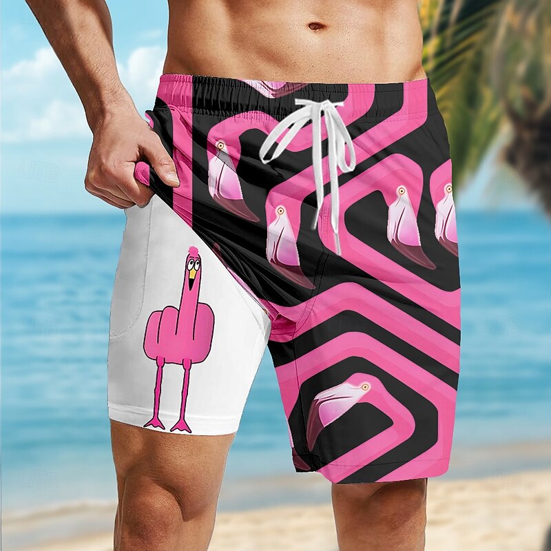 Men's Flamingo Bird Funny Lined Shorts 2 in 1 Board Shorts Swim Shorts Mid Waist Hawaiian Vacation Holiday Beach Wear Side Pockets With Compression Liner Elastic Drawstring Waist Designer Clothing4