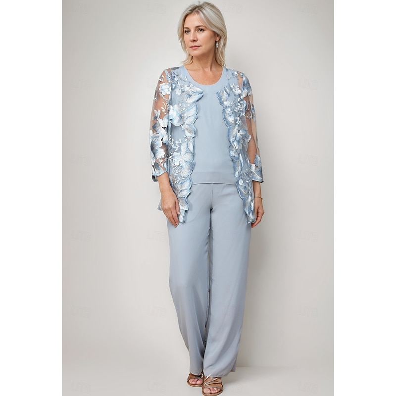 Pantsuit 3 Piece Mother of the Bride Dress Elegant Crew Neck Floor Length Chiffon Long Sleeve Wrap Included with Lace Embroidery3