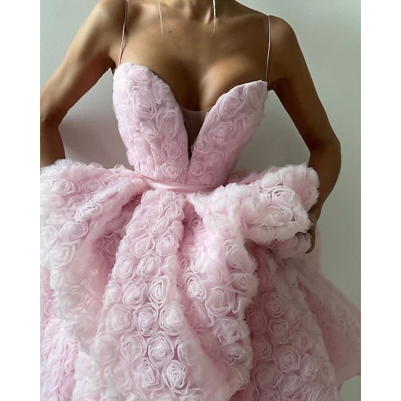 A-Line Cocktail Dresses Celebrity Style Dress Formal Wedding Guest Floor Length Sleeveless Plunge Neck Belt / SashDress Tulle with Rose Flower2
