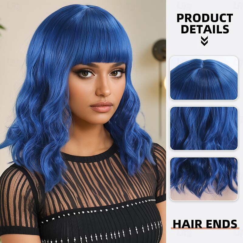 Women's Synthetic Wig Deep Wave Water Wave Asymmetrical Neat Bangs 16 Inch A1 Comfort Classic Machine Made Blue2