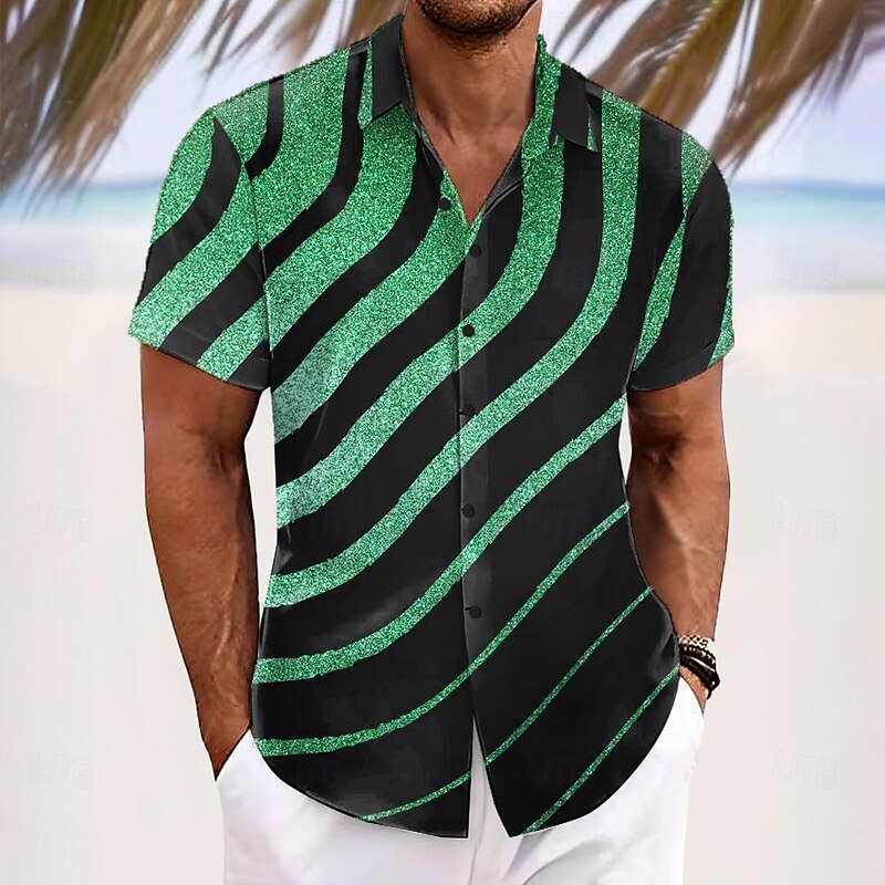 Men's Geometric Stripes Glittery Shirt Summer Shirt Button Up Shirt Short Sleeve Fashion Casual Outdoor Vacation Dailywear Summer Spring Turndown 3D Print Collared Shirts Blue Purple Gold Green4