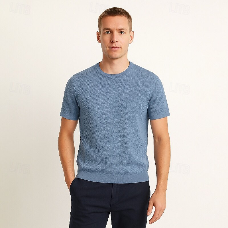 Male Cotton Blend T-Shirt Short Sleeve Crew Neck Summer Plain Jacquard Elegant Classic Crewneck Minimalist Vacation Home Cotton Black Blue Navy Blue Top Tee for Men