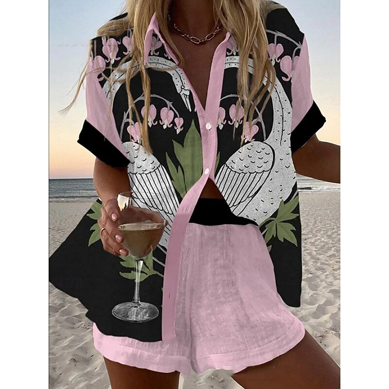 Women's 2 Pieces Fashion Streetwear Daily Shorts Sets Short Sleeve Shirt Collar Floral Graphic Print Vacation Casual Daily Yellow Pink Red Summer Regular Fit2