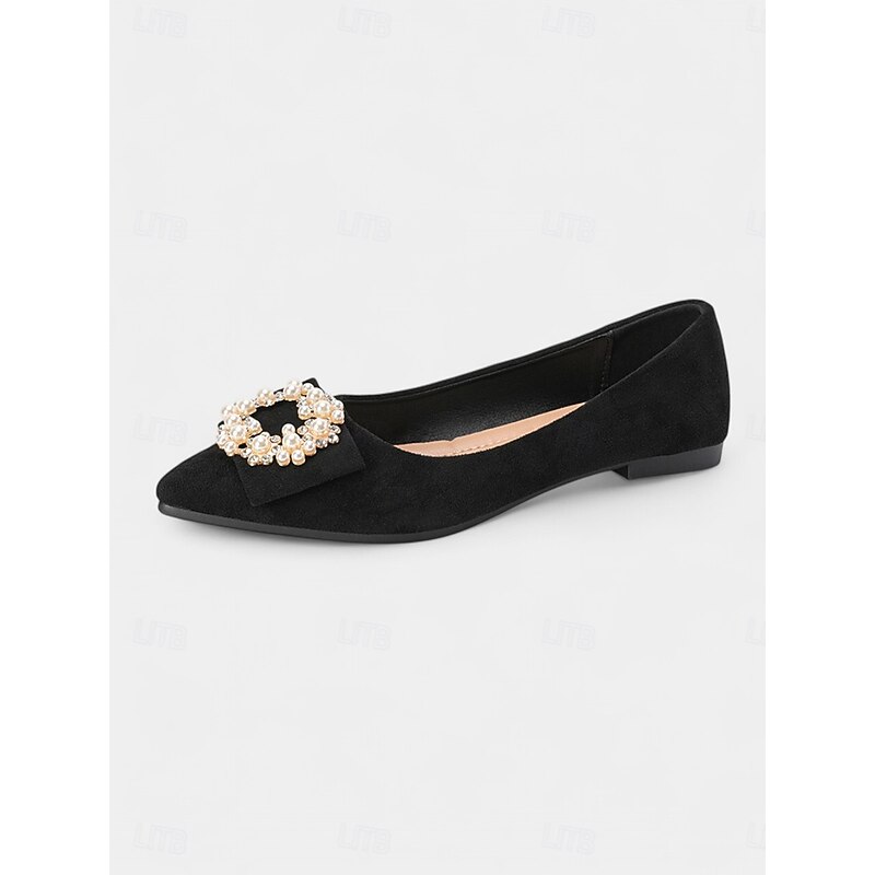 Women's Black Pointed-Toe Flats with Pearl Bow Accent - Elegant Suede Ballet Shoes for Casual Dates and Everyday Outfits3
