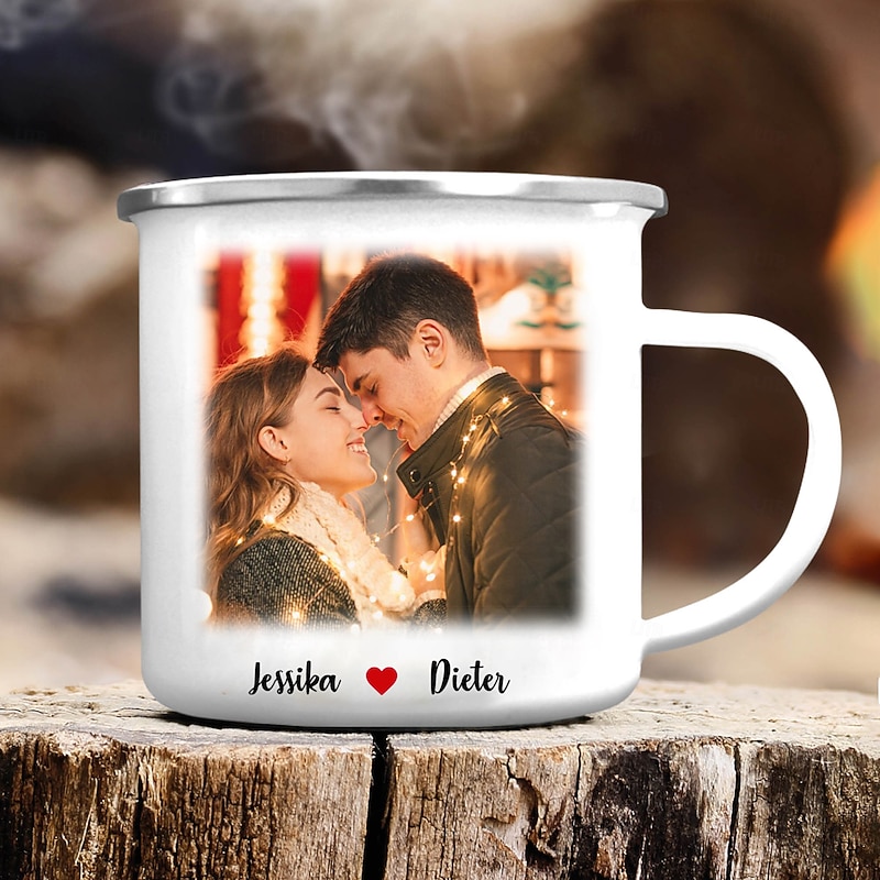 Personalized Photo Enamel Mug Custom Best Gift for Couple, Customizable with Photo and Name, Perfect for Daily Use, Unique Valentine's Day Gift, Ideal Christmas Gift for Lovers, Family, and Friends