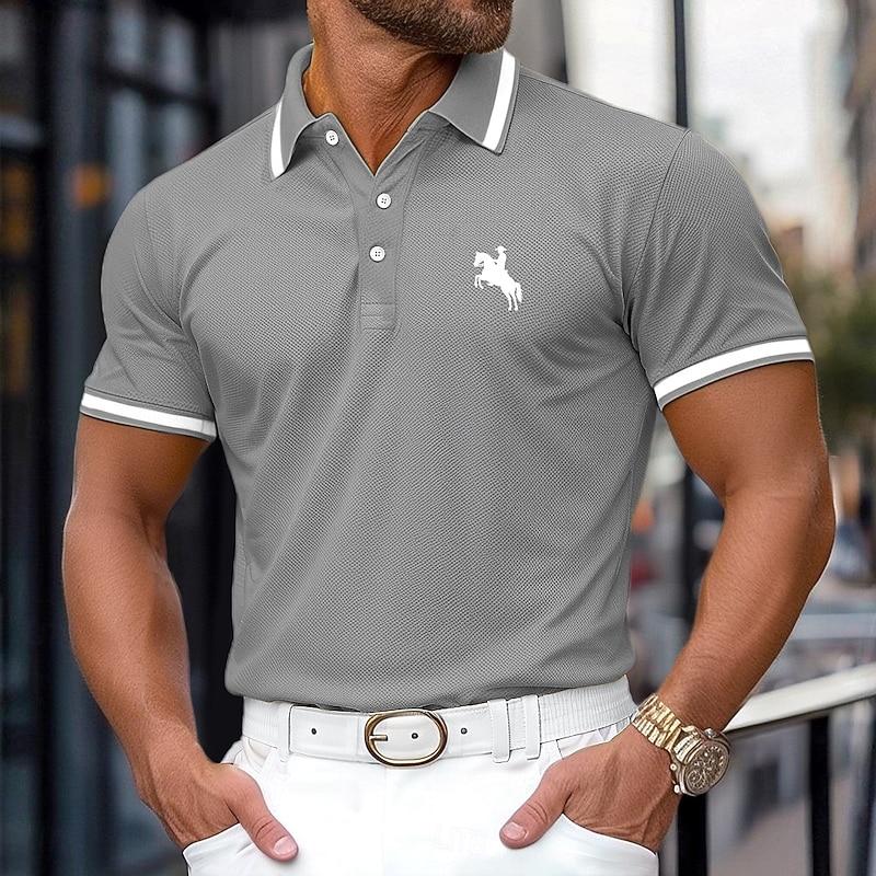 Men's Cotton Polo Shirt Golf Polos Shirts Work Business Ribbed Polo Collar Classic Short Sleeves Basic Modern Solid Color Buttons Logo Spring & Summer Regular Fit Dark Red Yellow Navy Blue Light Blue2