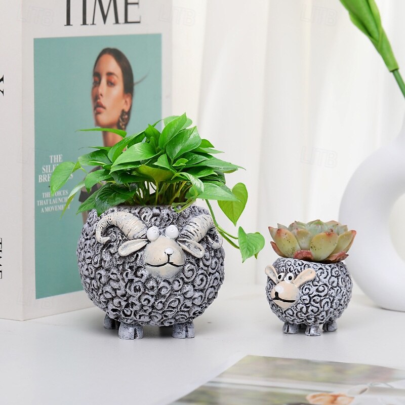 2pcs/set Planter Pots Resin Figurine for Succulent, Cartoon Sheep and Goat Design, Creative Garden Yard Decor, Cute Animal Planter for Outdoor Indoor Use, Resin Potted Ornament4