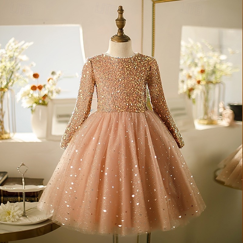 Kids Girls' Dress Party Dress Solid Color Long Sleeve Performance Sequins Mesh Princess Sweet Mesh Mid-Calf Sheath Dress Tulle Dress Summer Spring Fall kids Pink Wine Khaki3