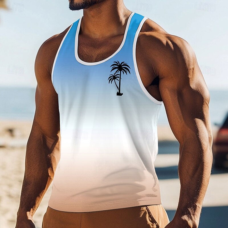 Men's Gradient Coconut Palm T Shirt Vest Top Sleeveless T shirt 3D Print Crew Neck Scoop Neck Shirt Vacation Casual Casual Hawaiian Holiday Pink Blue Orange Summer Spring Clothing Apparel S M L XL4