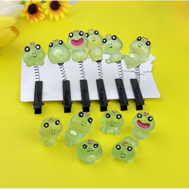 Cute Little Frog 6-piece Handmade Hair Clip Children's Frog Spring Cute Hair Clip Resin Small Ornament Can Shine