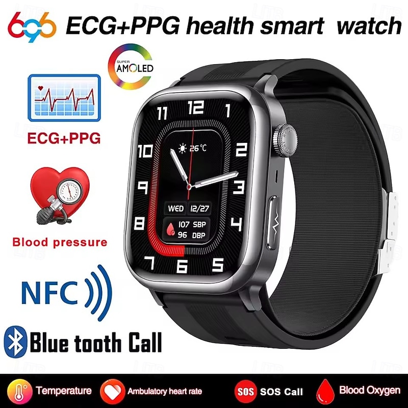 tk66 Smart Watch 2.06 inch Smartwatch Fitness Running Watch Bluetooth ECG+PPG Temperature Monitoring Pedometer Compatible with Android iOS Women Men Step Tracker IP 67 49mm Watch Case