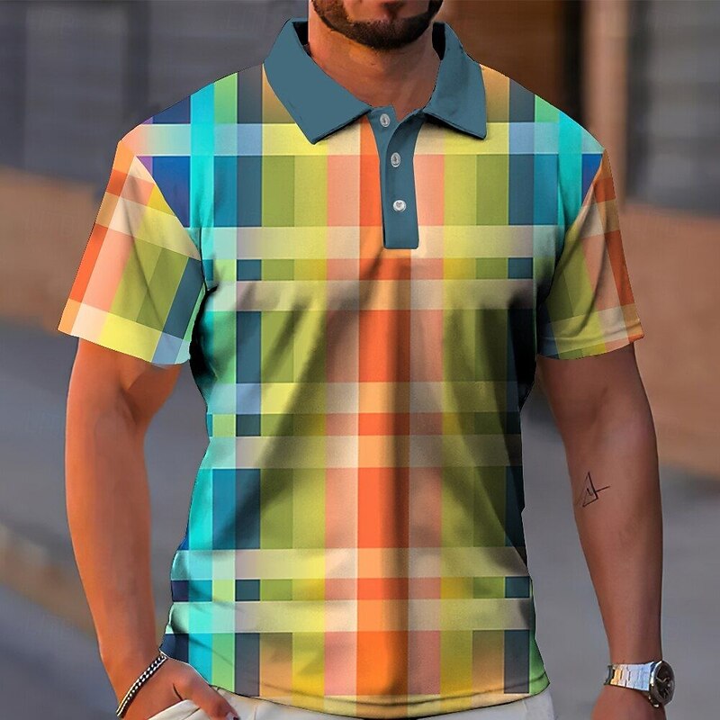 Men's Color Block Polo Short Sleeve Polo Shirts Collared Shirts Casual School Outdoor Athleisure Daily Wear Buttons 3D Print Summer Rainbow