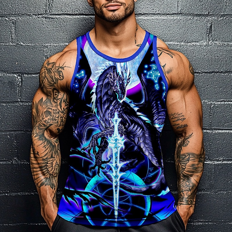Dragonblade NIGHTBLADE HI REZ by Ruth Thompson Men's Dragon Vest Top Undershirt Sleeveless T shirt 3D Print Crew Neck Round Neck Shirt Fashion Exaggerated Street Casual Daily Blue Summer Spring