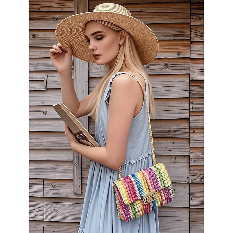 Women's Rainbow Woven Shoulder Bag – Colorful Crochet Crossbody Purse with Gold Chain Strap for Summer, Beach and Vacation Outfits2