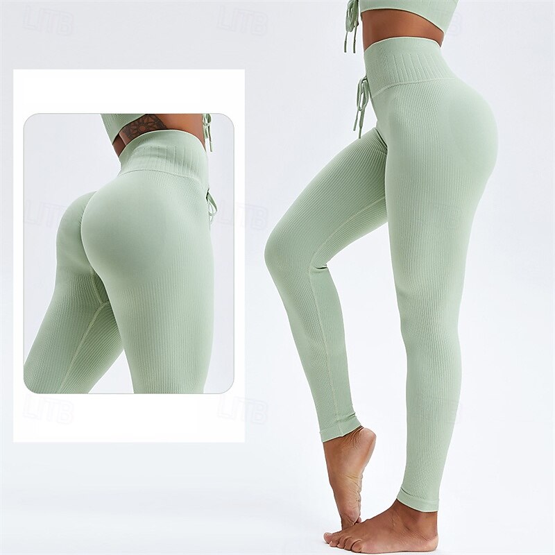 Women's Yoga Pants Yoga Leggings Drawstring Ribbed Butt Lift Tummy Control High Waist Pilates Gym Workout Workout Tights Solid Color Yellow Purple Green Spandex Fall Sports Activewear Stretchy Skinny4