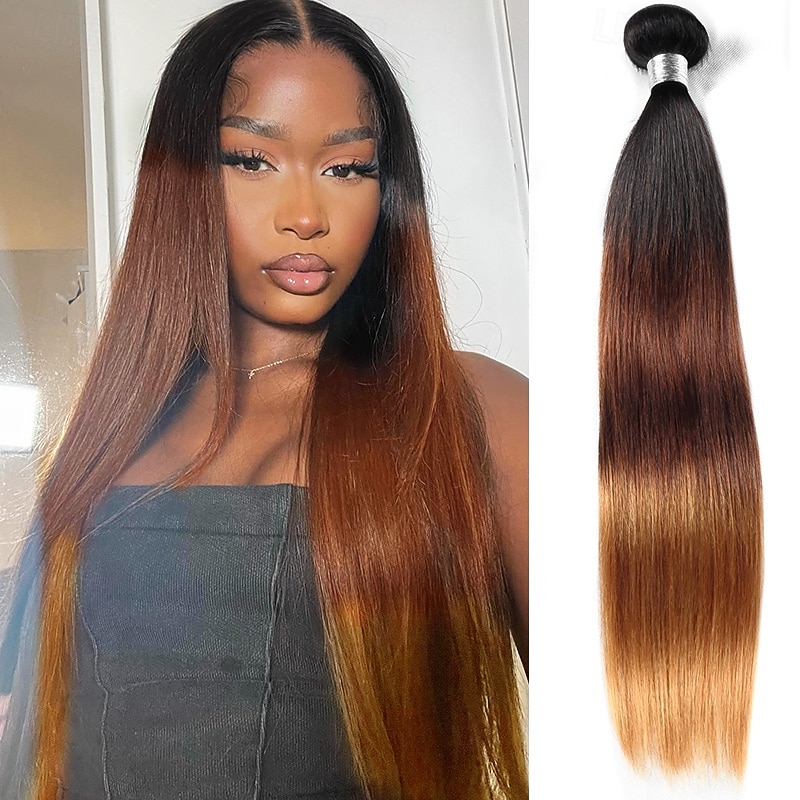 1 Bundle Real Human Hair  Tricolor Bundle T1B/4/27# Straight Human Hair 14-24 Inches