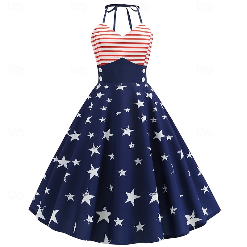 Retro Vintage 1950s Independence Day A-Line Dress Swing Dress Halter USA Flag Fancy Dress Women's Masquerade 4th of July Casual Daily Bachelorette Party Adults' Dress Summer