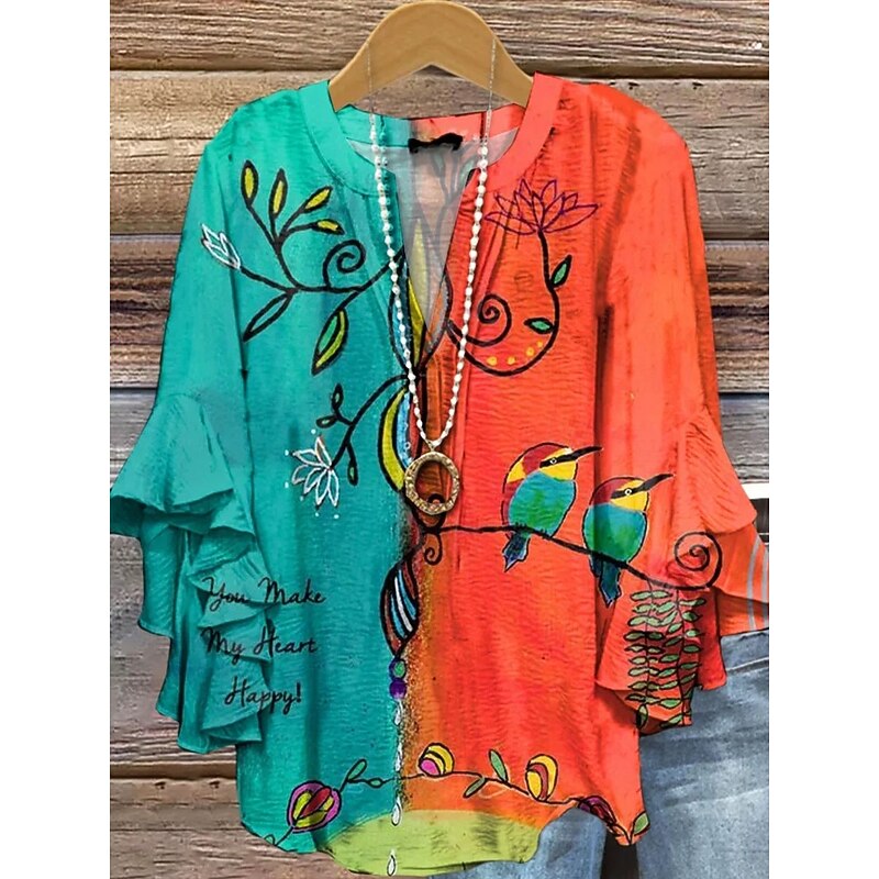 Women's Blouse V Neck Layered Ruffle Sleeve Tops Floral Graphic Bird Daily Stylish Casual 3/4 Length Sleeve Regular Tops Daily Holiday Vacation Wear Print Red Orange Summer Spring
