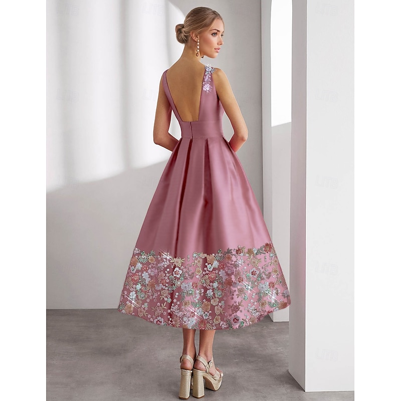 Formal Floral A-Line Cocktail Dresses Elegant Dress Wedding Guest Ankle Length Sleeveless Boat Neck Pocket Satin with Floral Print Embroidery Pocket Dresses2